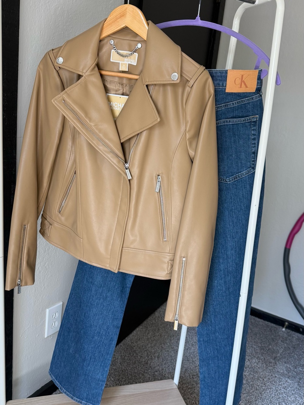 Michael Kors Camel Faux Leather Moto Jacket M